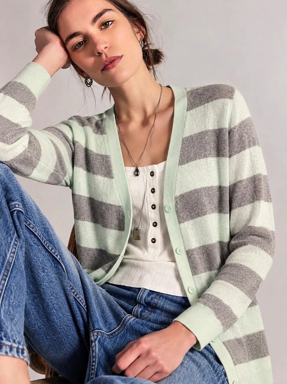 324. Gap Striped Cotton Cardigan in Green & Gray Size Medium